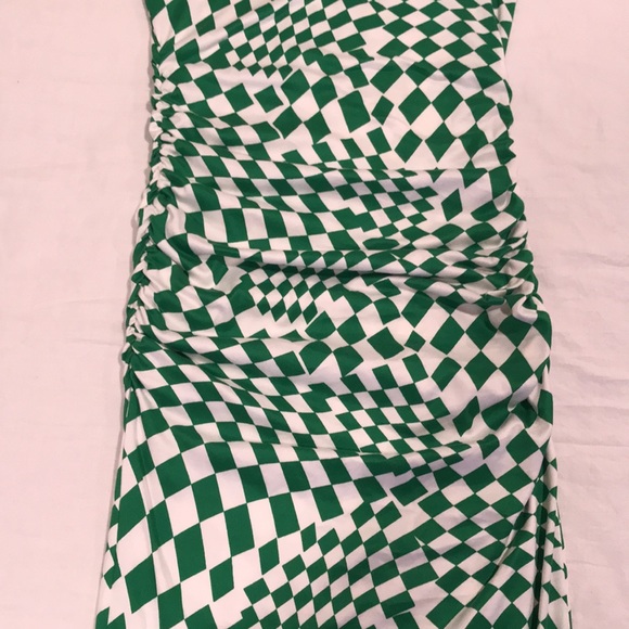 Dressed In LALA “Vibe Check Checkered Dress” Ruched Green White S - Picture 10 of 14